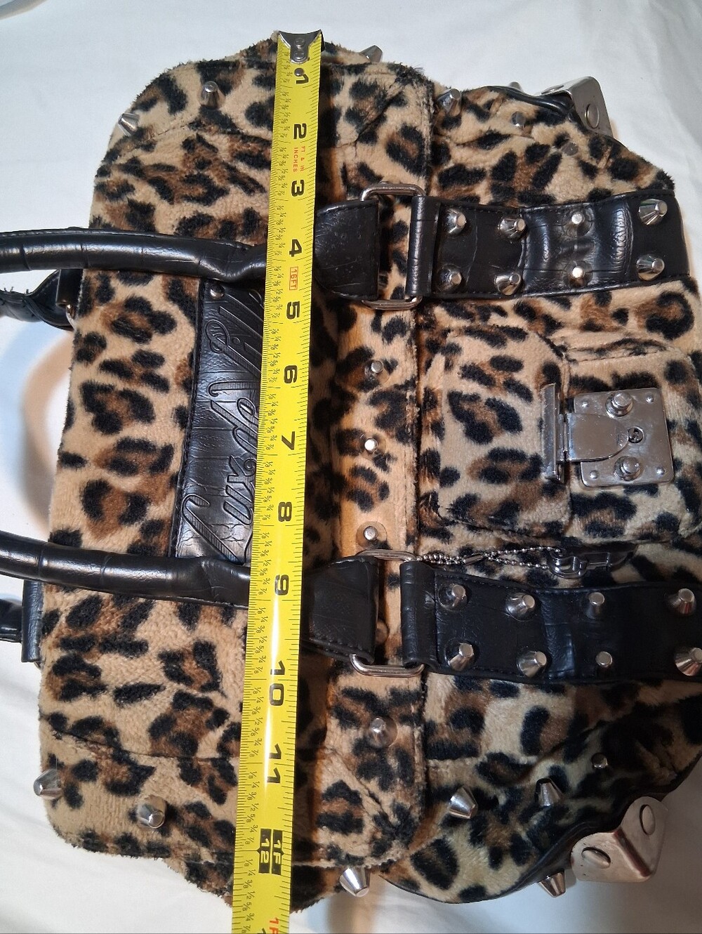 Lux de Ville Leopard Faux Fur Stud Satchel Spikes Key Charm Punk Rockabilly Bag - Picture 8 of 17